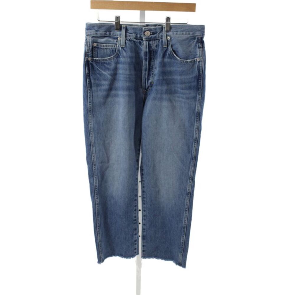 Amo Women Cropped Jeans Blue Mid Rise Button 100% Cotton Size 31